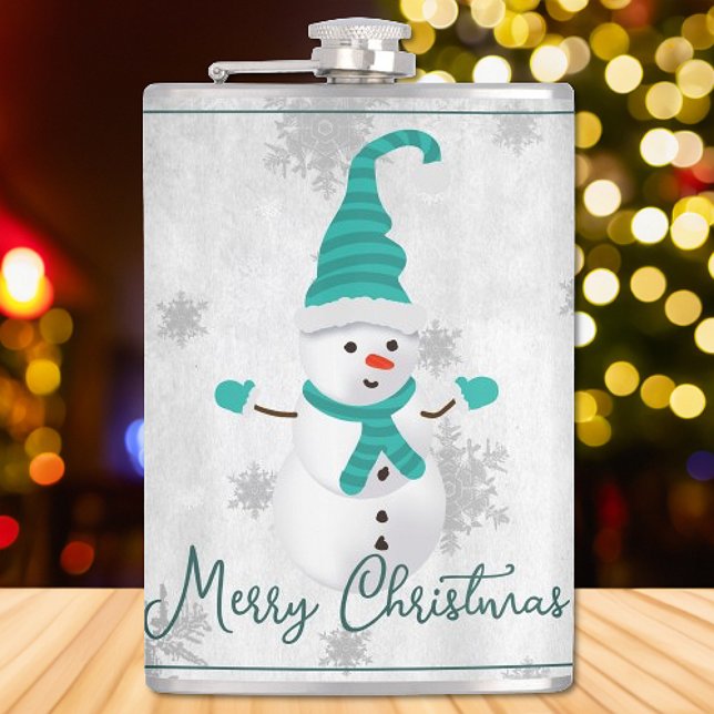 Petaca Fletín verde azulado de vacaciones de Snowman (Teal Cute Snowman Holiday Flask)