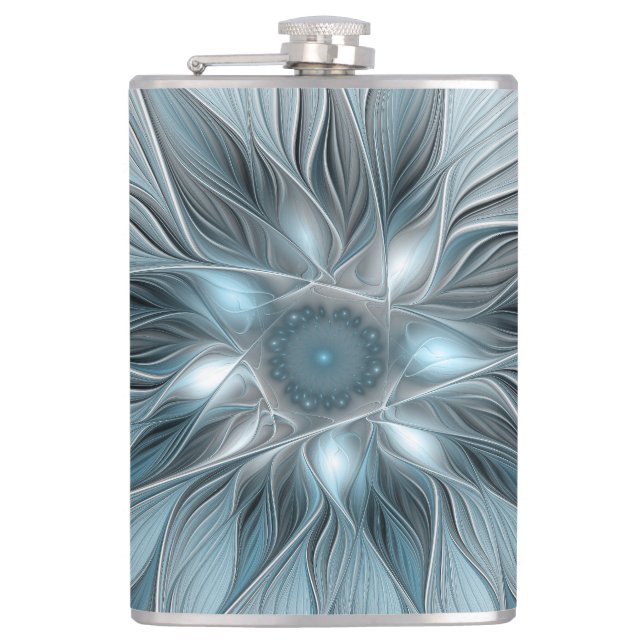 Petaca Flor abstracta alegre azul gris fractal floral (Anverso)