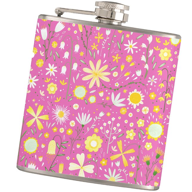 Petaca Flor de flores silvestres rosadas (Pink, white and yellow modern floral pattern keepsake hip flask)