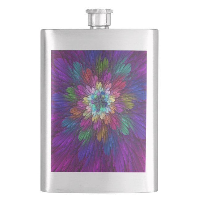 Petaca Flor psicodélica colorida Resumen Arte Fractal (Anverso)