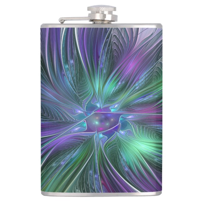 Petaca Flor verde morada Moderna Resumen arte fractal (Anverso)