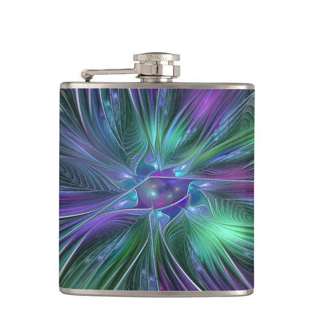 Petaca Flor verde morada Moderna Resumen arte fractal (Anverso)