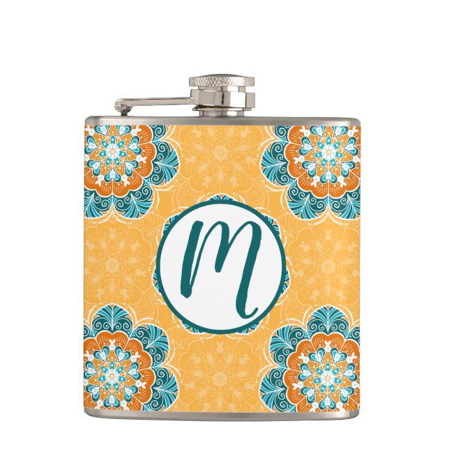 Petaca Floral Mandala Tile en Naranja y Verde azulado (Anverso)