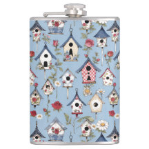 Floral Patchwork Birdhouses & Sky Blue Background