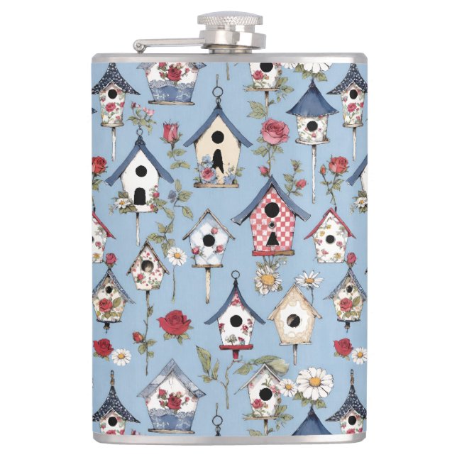 Petaca Floral Patchwork Birdhouses & Sky Blue Background (Anverso)