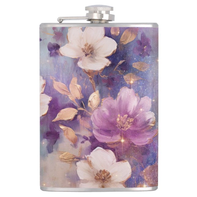 Petaca Floral púrpura de oro de glam blanco femenino (Anverso)
