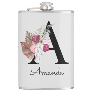 Petaca Floral rosa monogramada inicial A