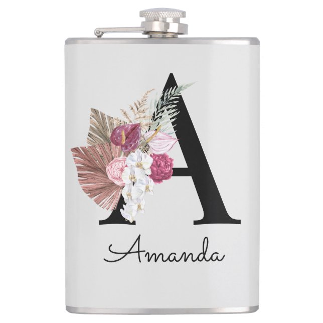 Petaca Floral rosa monogramada inicial A (Anverso)