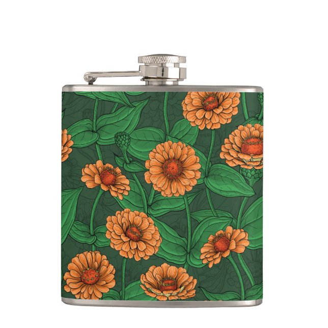 Petaca flores de la zinnia naranja, hojas verdes sobre ve (Anverso)