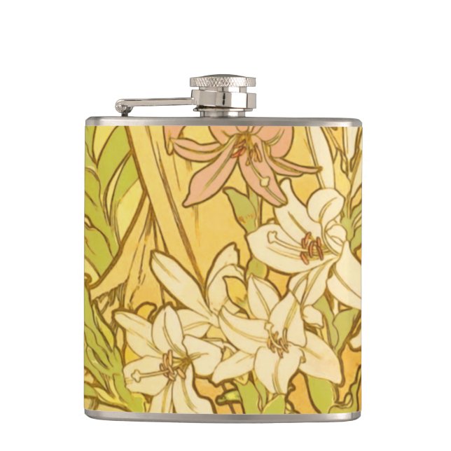 Petaca flores de lirio Art Nouveau de Alfonse Mucha (Anverso)