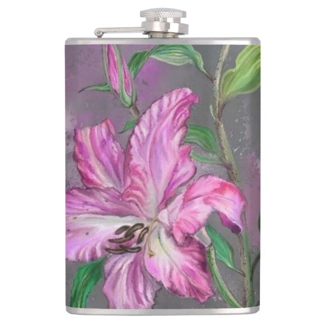 Petaca Flores De Lirio Púrpura Rosado Flask Lilies Pintan (Anverso)