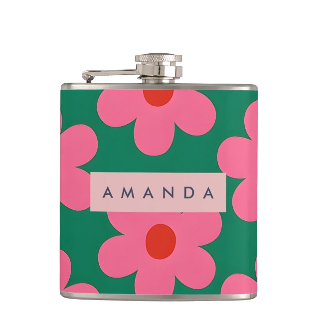 Petaca Flores personalizadas de margaritas rosadas retro  (Anverso)