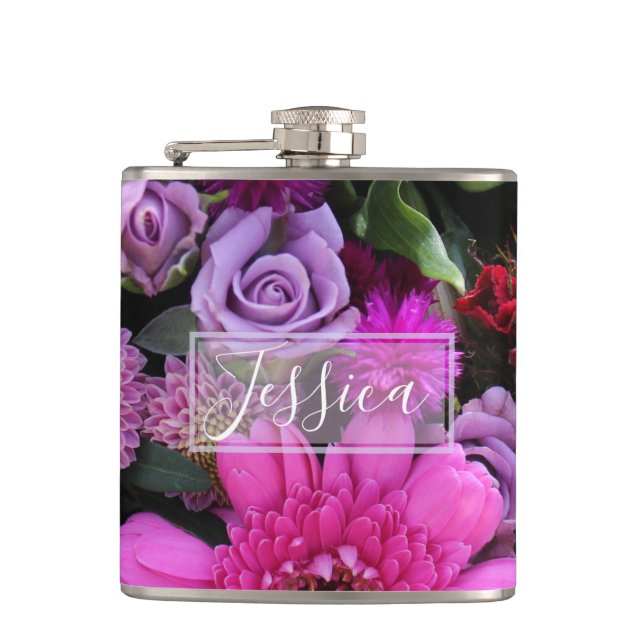 Petaca Flores rosadas y violetas personalizadas (Anverso)