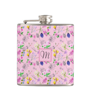 Petaca Flores silvestres en acuarela, en rosa. Monograma.