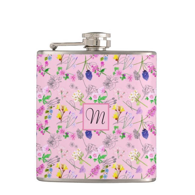 Petaca Flores silvestres en acuarela, en rosa. Monograma. (Anverso)