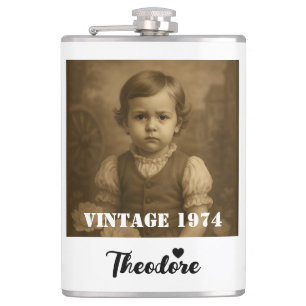 Petaca Foto infantil personalizada, nombre y año vintage