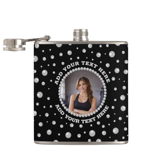 Petaca Foto personalizada con círculo de perlas sobre neg (Abierto)