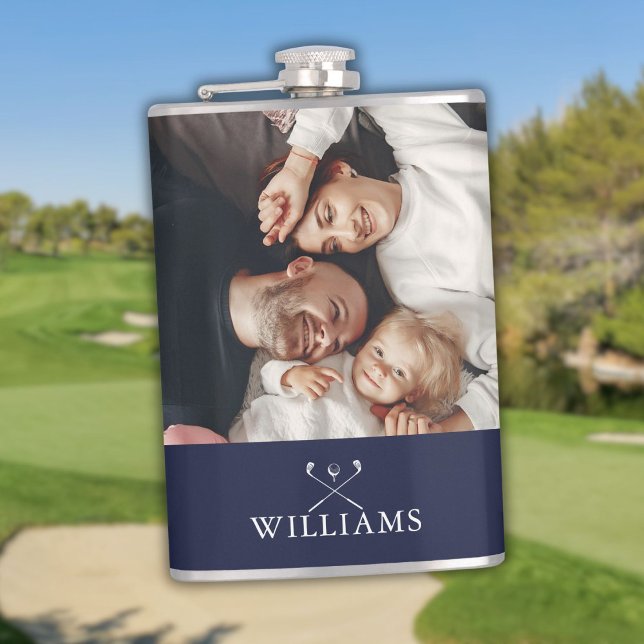 Petaca Foto Personalizada Y Nombre Clubes De Golf Azul De (Personalized Photo And Name Golf Clubs Navy Blue Flask)