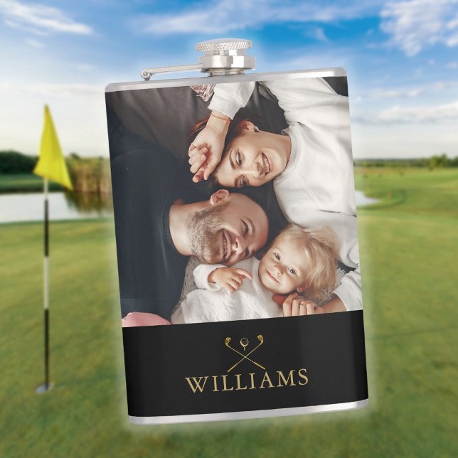 Petaca Fotos Personalizadas Clubes De Golf De Oro Y Negro (Personalized Photo Black And Gold Golf Clubs Flask)