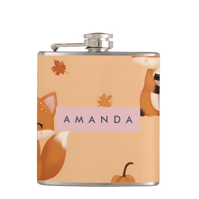 Petaca Fox otoño personalizada con patrón de café (Anverso)