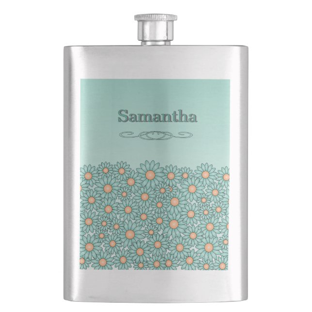 Petaca Frasco de acero inoxidable Flor Teal (Anverso)