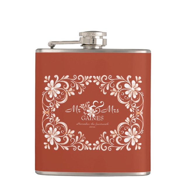 Petaca Frasco de boda Sr. y Sra. Rojo Romántico Oxidado (Anverso)