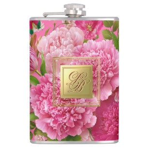 Petaca Frasco de fiesta con monograma floral rosa y verde
