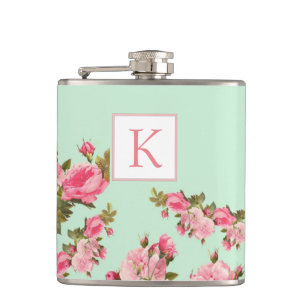 Petaca Frasco floral verde rosado de la dama de honor del