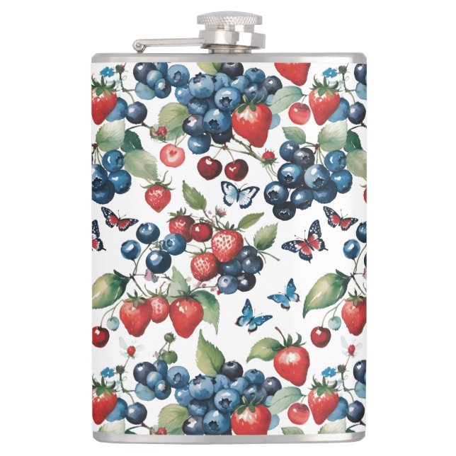 Petaca Fresas con arándanos y mariposas (Anverso)
