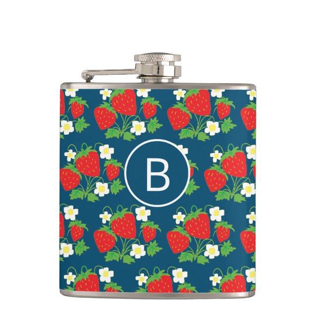 Petaca Fresas y flores patrón azul monogramado (Anverso)