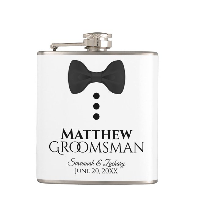 Petaca Fun Black Bow Tie Tuxedo Groomsman Boda (Anverso)