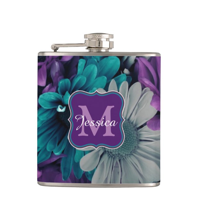 Petaca Fundición de flores moradas y azules personalizada (Anverso)