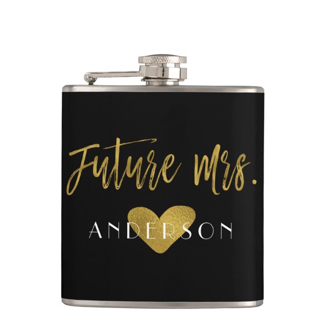 Petaca Futura Sra. Relieve metalizado dorado Bride Flask (Anverso)