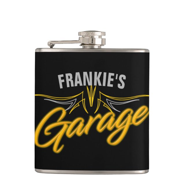 Petaca Garaje de Personalizado de motociclista estilo neó (Anverso)