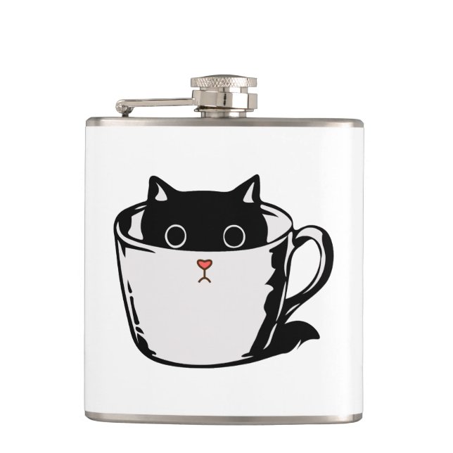 Petaca Gatito negro con nariz roja escondido en una taza (Anverso)