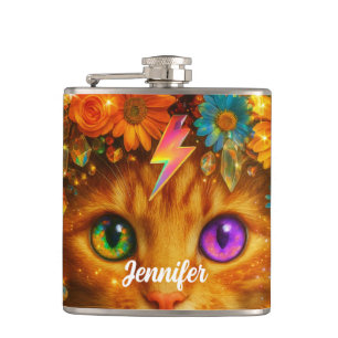 Petaca Gato Floral Soñador Místico de Ojos de Arcoíris