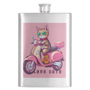Petaca Gato rosa lindo con anteojos y motocicleta