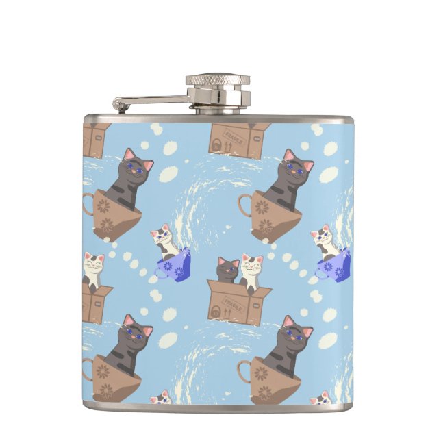 Petaca Gatos en caja y gotas de leche en azul (Anverso)