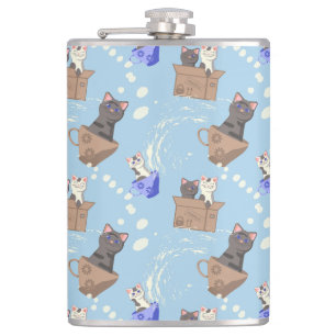 Petaca Gatos en caja y gotas de leche en azul