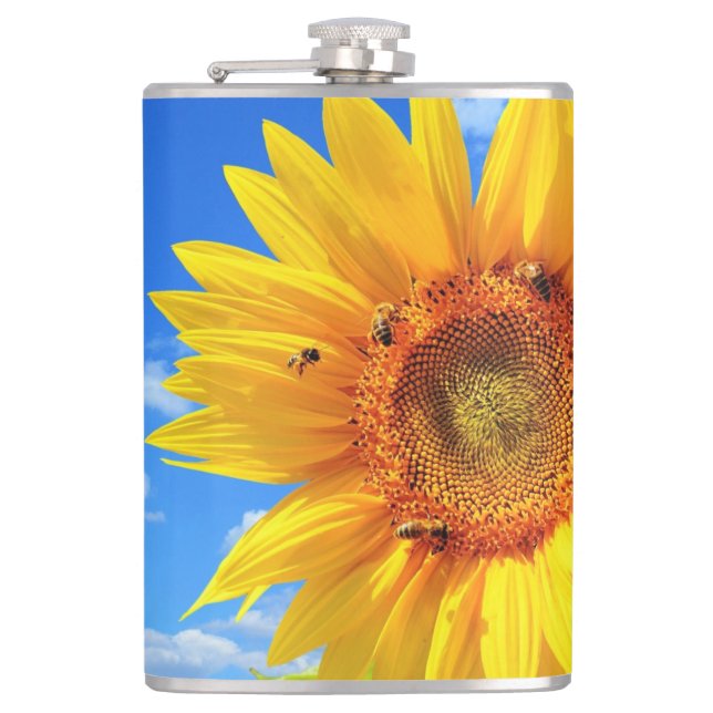 Petaca Girasol amarillo y abejas en el cielo azul - Día d (Anverso)