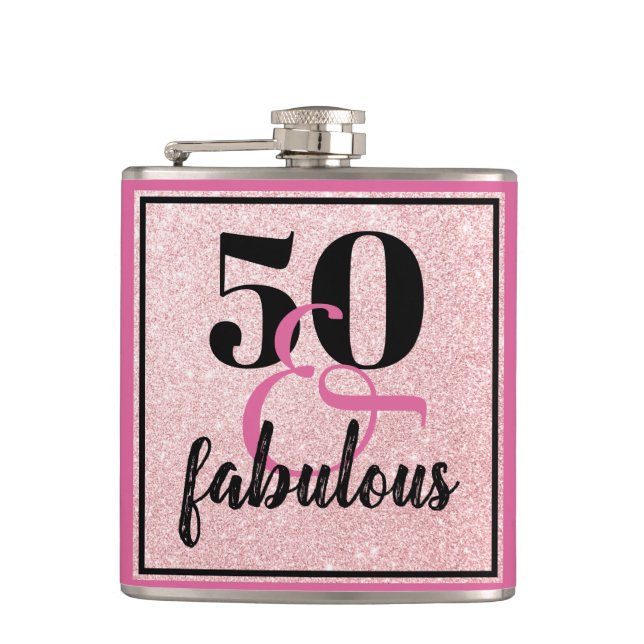 Petaca Girly 50 y fabuloso Purpurina Rosa de Cumpleaños (Anverso)