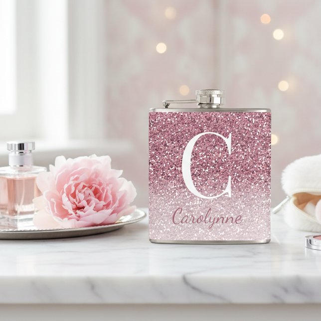 Petaca Girly Rosa Oro Sparkle Ombre Purpurina Monograma (Girly Rose Gold Sparkle Ombre Glitter Monogram Flask)