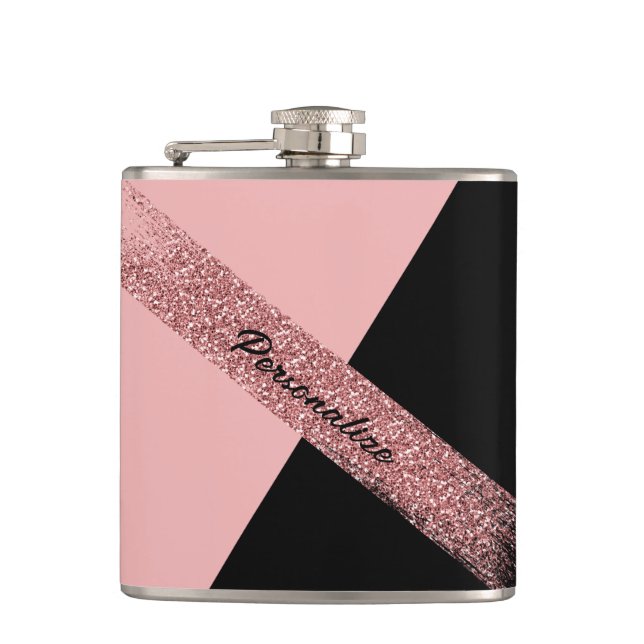 Petaca Glam de Moda personalizada de Purpurina negro rosa (Anverso)