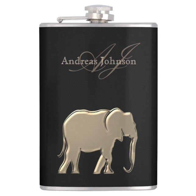 Petaca Glam Elegant de Elefante Negro y Oro Monogramado (Anverso)