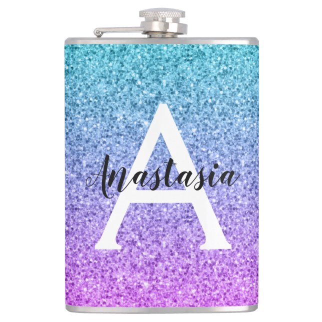 Petaca Glam Morado Aqua Brillo Destello Gradiente Monogra (Anverso)