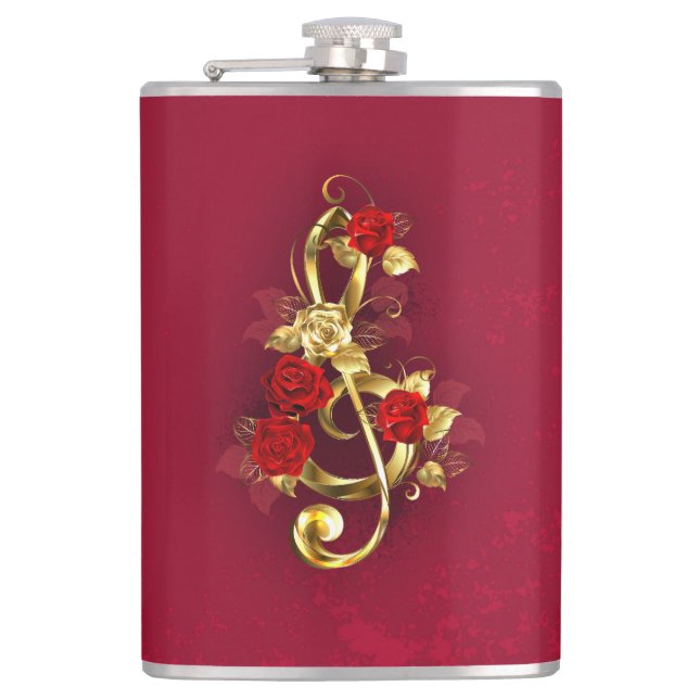 Petaca Golden Treble Clef con flores Rosas (Anverso)