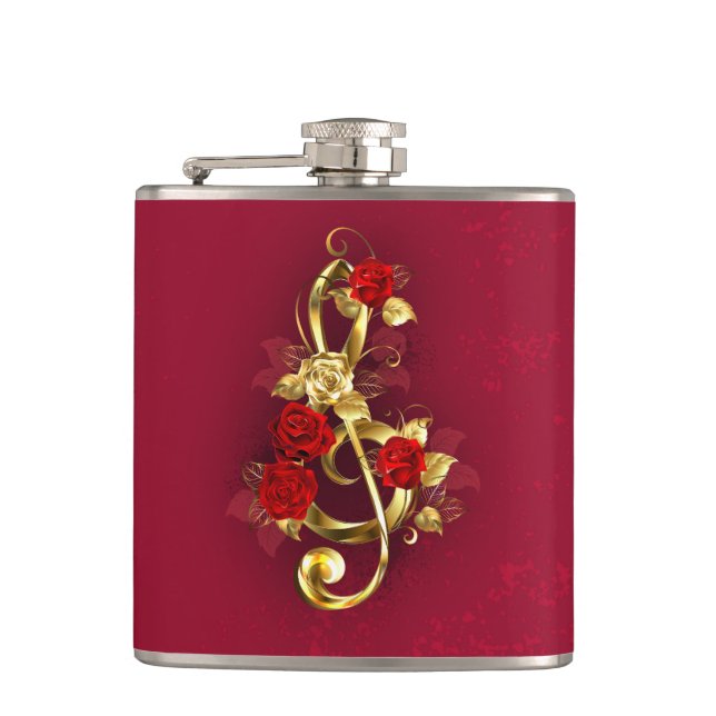 Petaca Golden Treble Clef con flores Rosas (Anverso)