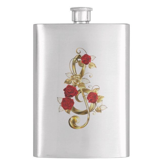 Petaca Golden Treble Clef con flores Rosas (Anverso)