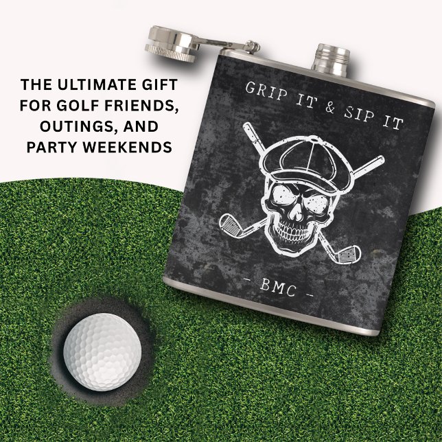 Petaca  Golf Humor Grip It Sip It Custom Initials Black (Grip it, sip it—golf humor with edge.)