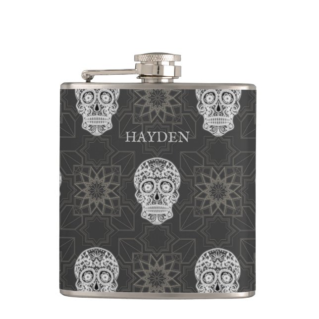 Petaca Gothic Sugar Skull and Grey Geometric Personalised (Anverso)